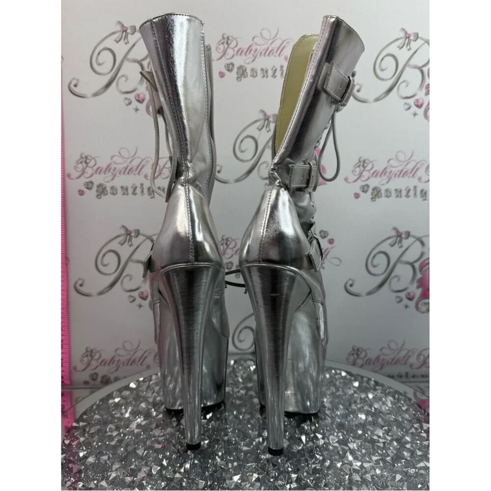 Pleaser boots high heels buckle Metallic Silver Lace-Up Platform Ankle Boots
